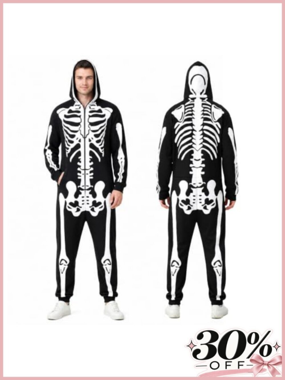 Skeleton Halloween Jumpsuit Zip Hood Double-Sided Bone Print Adult